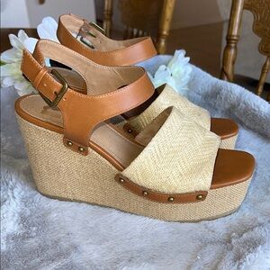 Elegant Tan and Cream Wedge Sandals
